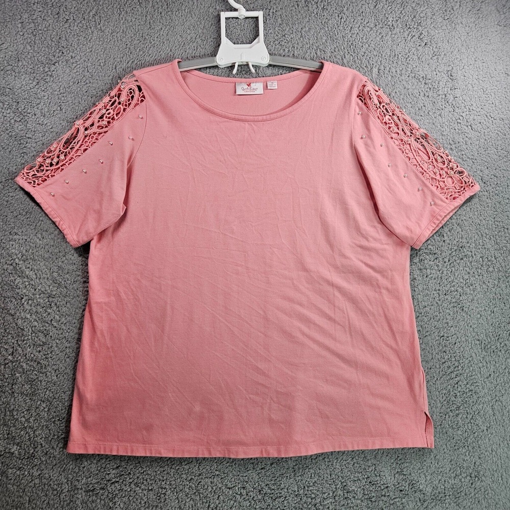Quacker Factory Top Blouse Women Size 1X Lace Short Sleeve Stretch Coral - 1X